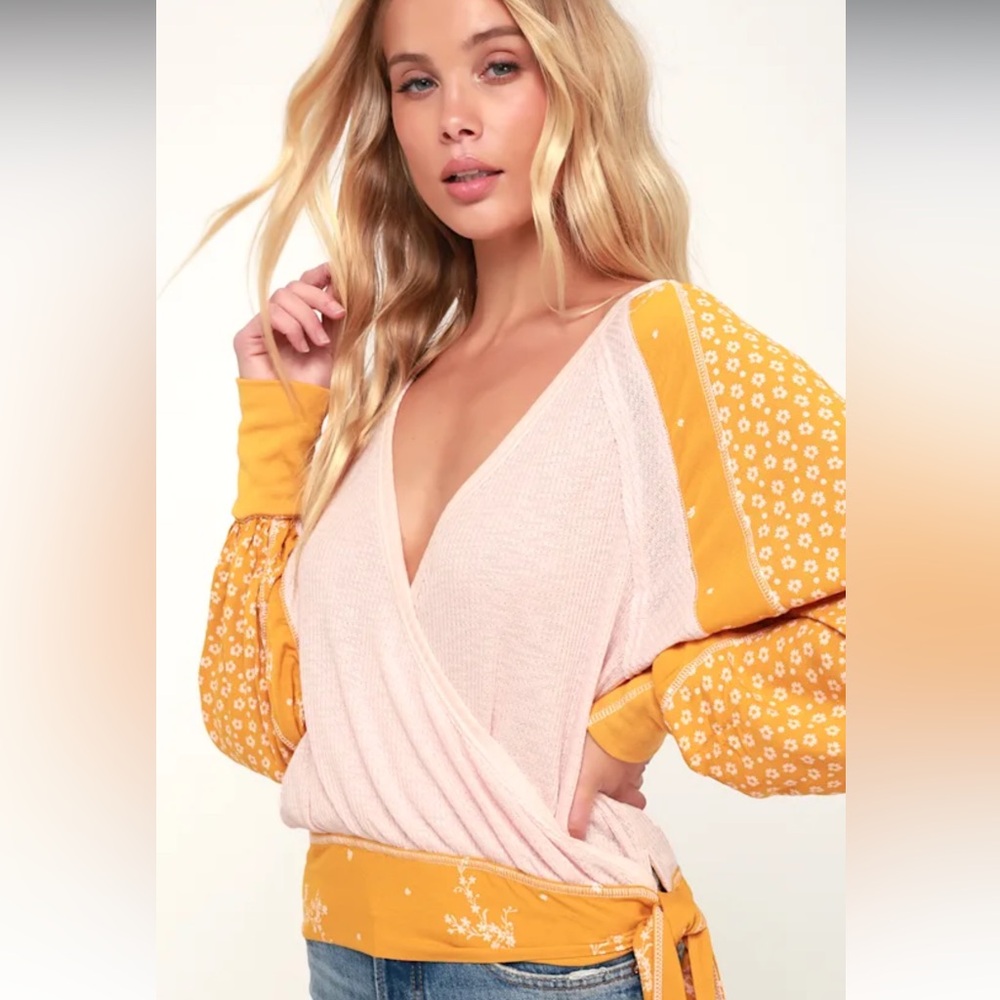 Free People Auxton Pink and Mustard Yellow Thermal Long Sleeve Wrap Top